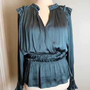 Current Air Soze L Women's Dark Green Ruffle-Trim Wrap Blouse